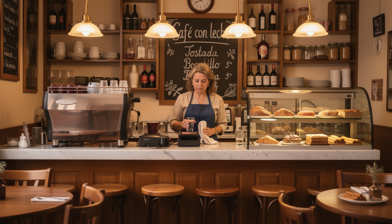 Interior acogedor de una cafetería de barrio con mostrador y productos locales
