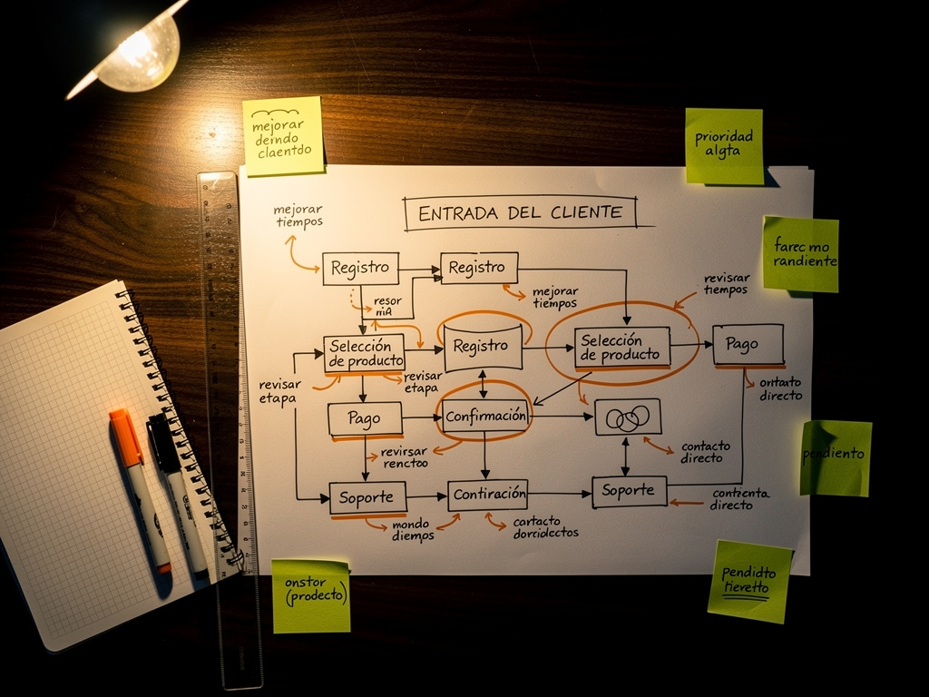 Diagrama de flujo de procesos en hostelería dibujado a mano sobre papel