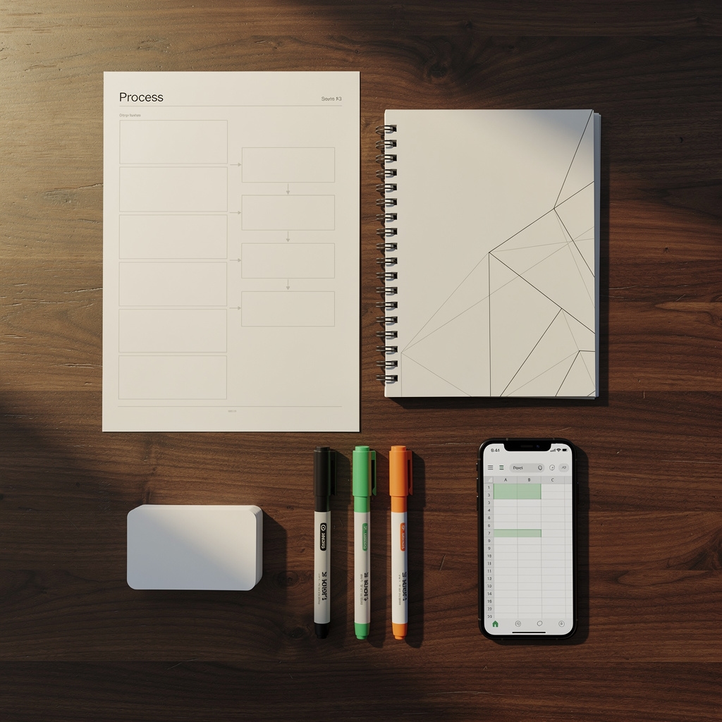 Materiales de trabajo del workshop distribuidos sobre una mesa: fichas, plantillas y cuaderno